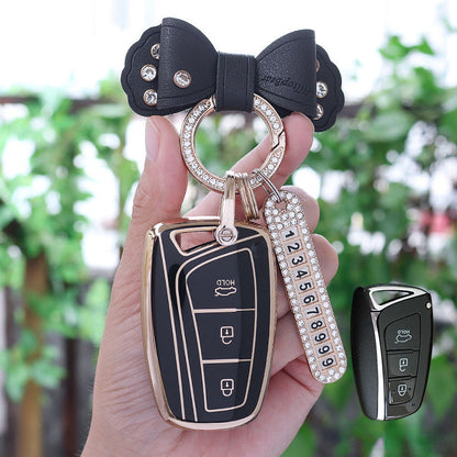Carsine Hyundai Car Key Case Golden Edge Black / Key case + B strap