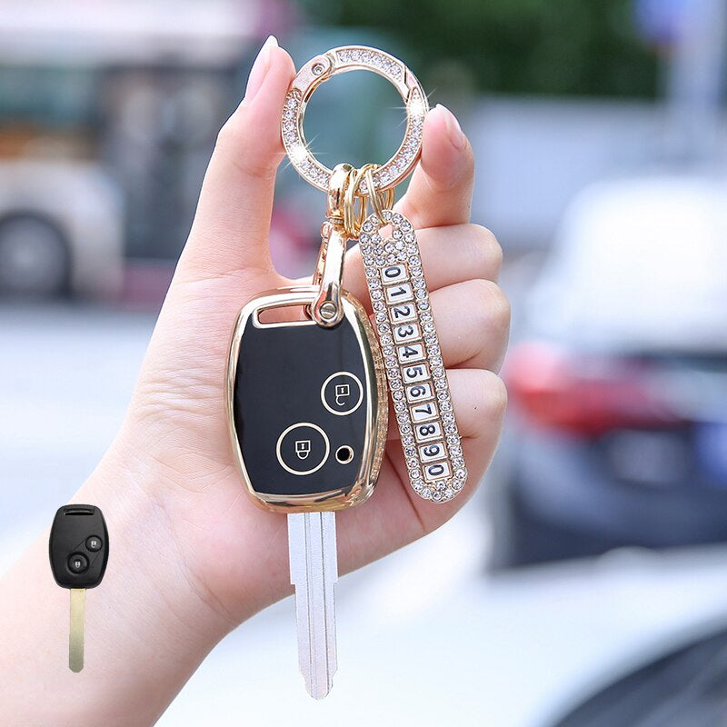 Carsine Honda Car Key Case Golden Edge 2 Buttons / Black / Key case + O chain