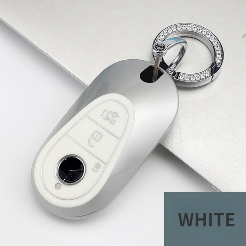 Carsine Mercedes Benz Car Key Cover Silver Edge C / White / Key case + O chain