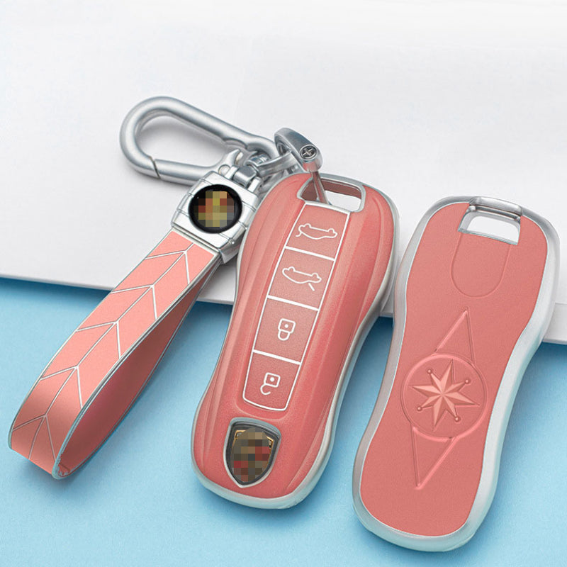 Carsine Porsche Car Key Case Silver Edge 4 Buttons / Pink / Key case + strap