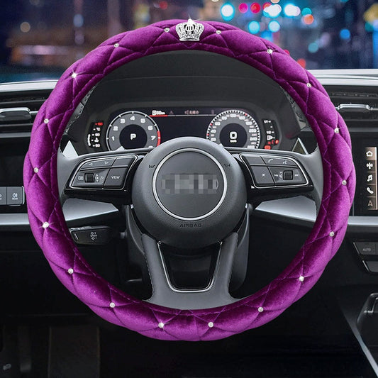 Carsine Crown Rhinestone Plush Steering Wheel Cover Purple / 14.96 in / 38cm