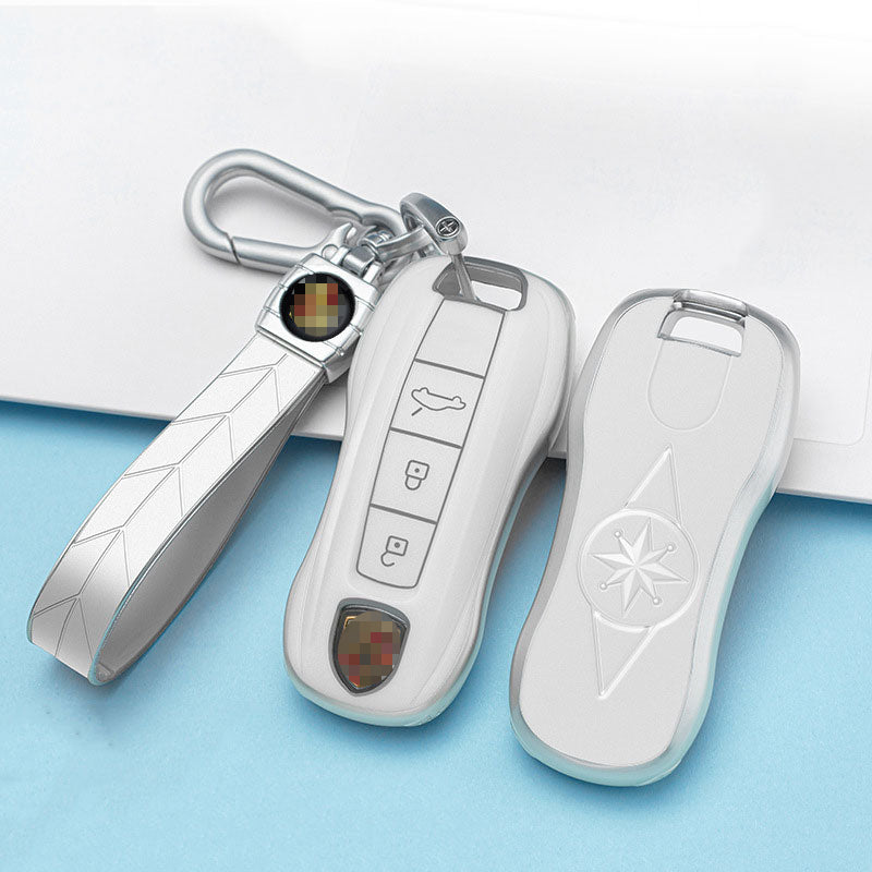 Carsine Porsche Car Key Case Silver Edge 3 Buttons / White / Key case + strap