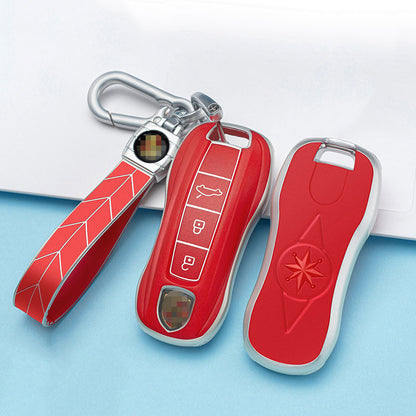 Carsine Porsche Car Key Case Silver Edge 3 Buttons / Red / Key case + strap