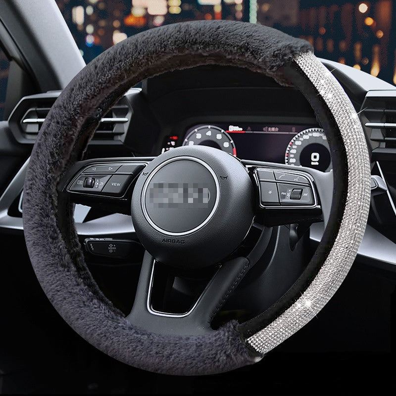 Carsine Rhinestone Plush Steering Wheel Cover Black / 14.96 in / 38cm