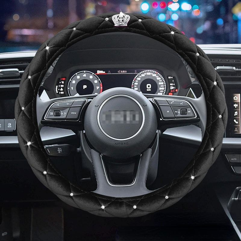 Carsine Crown Rhinestone Plush Steering Wheel Cover Black / 14.96 in / 38cm