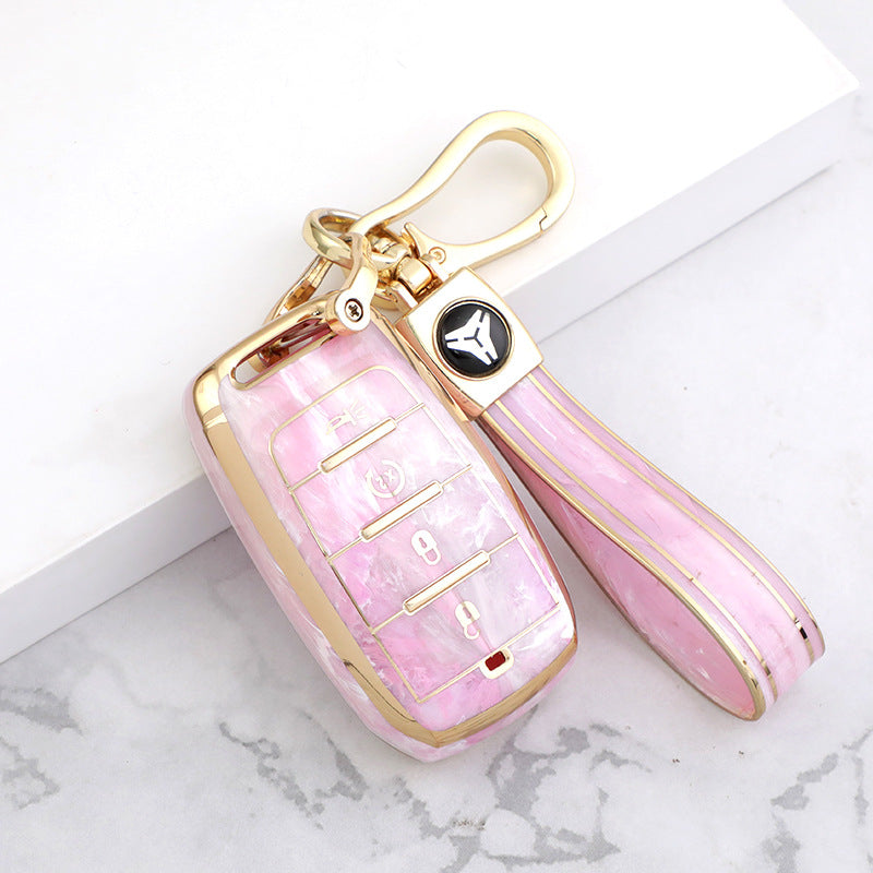 Carsine Jeep Dodge Chrysler Car Key Case Gold Inlaid With Jade Pink / Key case + strap