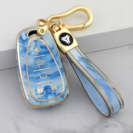 Carsine Chevrolet Car Key Case Gold Inlaid With Jade Blue / Key case + strap
