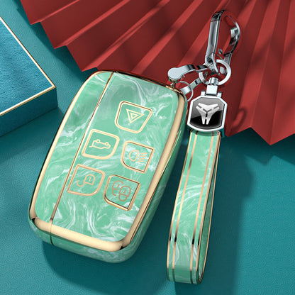 Carsine Land Rover Jaguar Car Key Case Gold Inlaid With Jade Green / Key case + strap