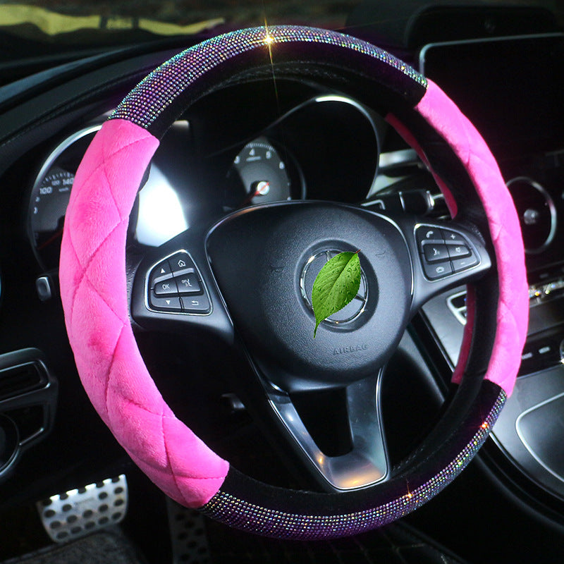 Carsine Rhinestone Plush Steering Wheel Cover Rose / 14.96 in / 38cm