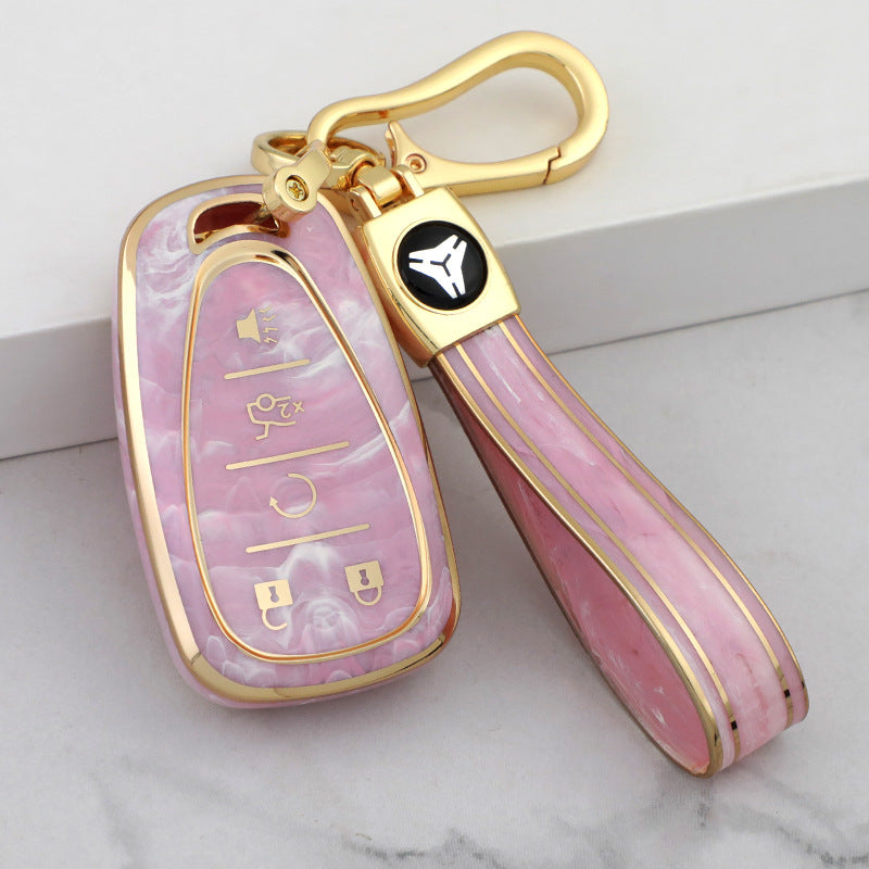 Carsine Chevrolet Car Key Case Gold Inlaid With Jade Pink / Key case + strap