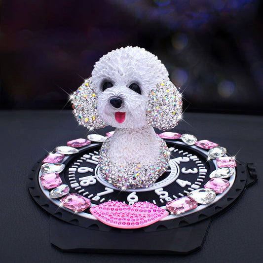 Carsine Rhinestone shaking head puppy ornament White / Puppy + Non-slip mat