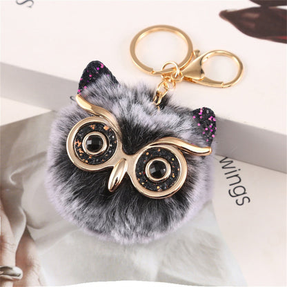 Carsine Kawaii Owl Cat Faux Fur Pom Pom Keychain Light black