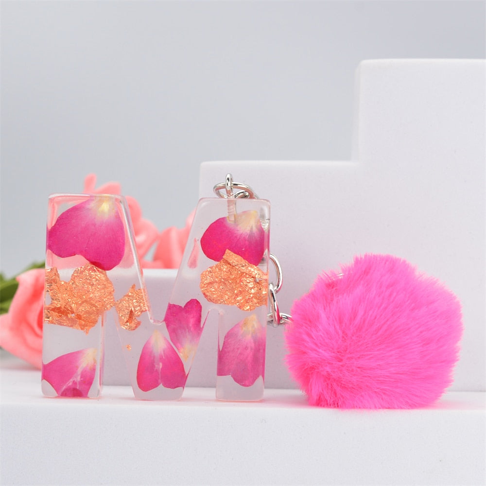 Carsine Pink Pompom 26 Alphabets Keychain M