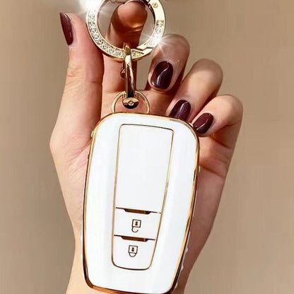 Carsine Toyota Car Key Case Golden Edge 2 Buttons / White / Key case + O chain