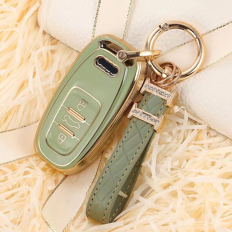 Carsine Audi Car Key Case Golden Edge Green / Key case + strap