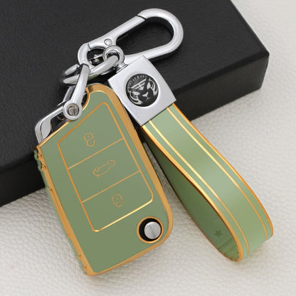 Carsine Volkswagen Car Key Case Golden Edge Green / Key case + strap