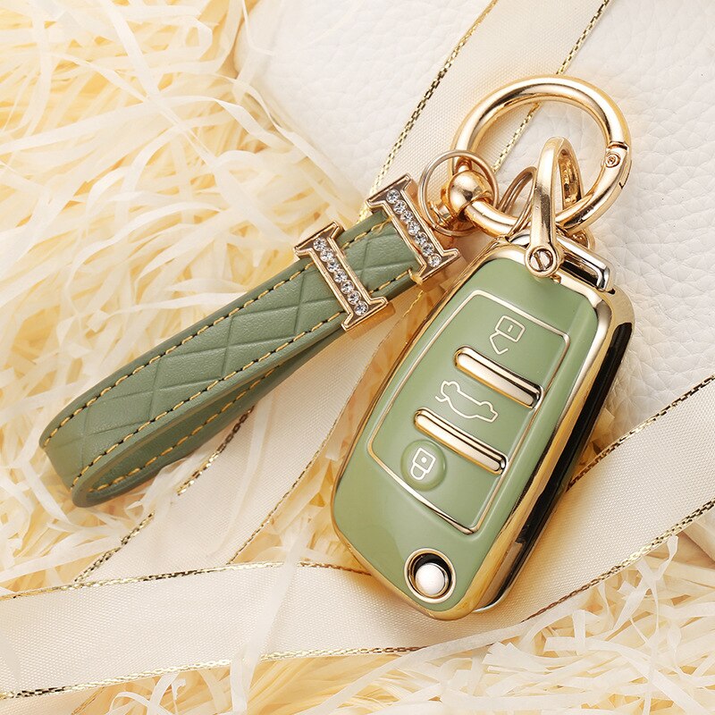 Carsine Audi Car Key Case Golden Edge Green / Key case + strap