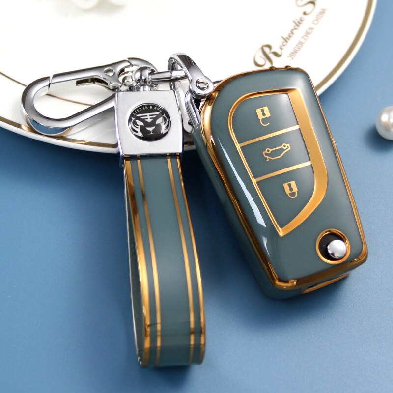 Carsine Toyota Car Key Case Golden Edge 3 Buttons / Grey / Key case + strap