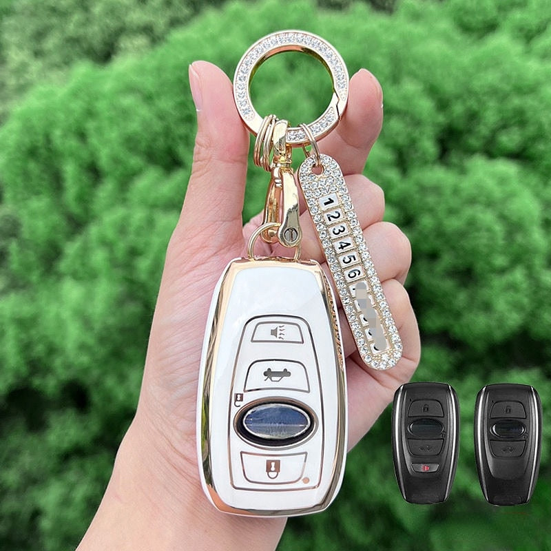 Carsine Subaru Car Key Case Golden Edge White / Key case + O chain