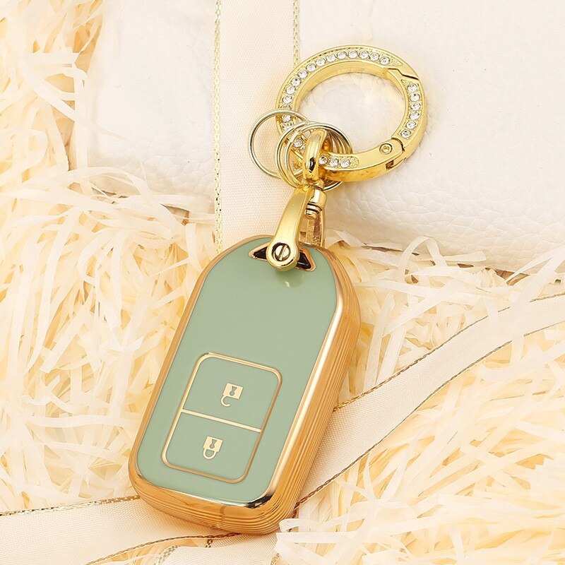 Carsine Honda Acura Car Key Case Golden Edge 2 Buttons / Green / Key case + O chain