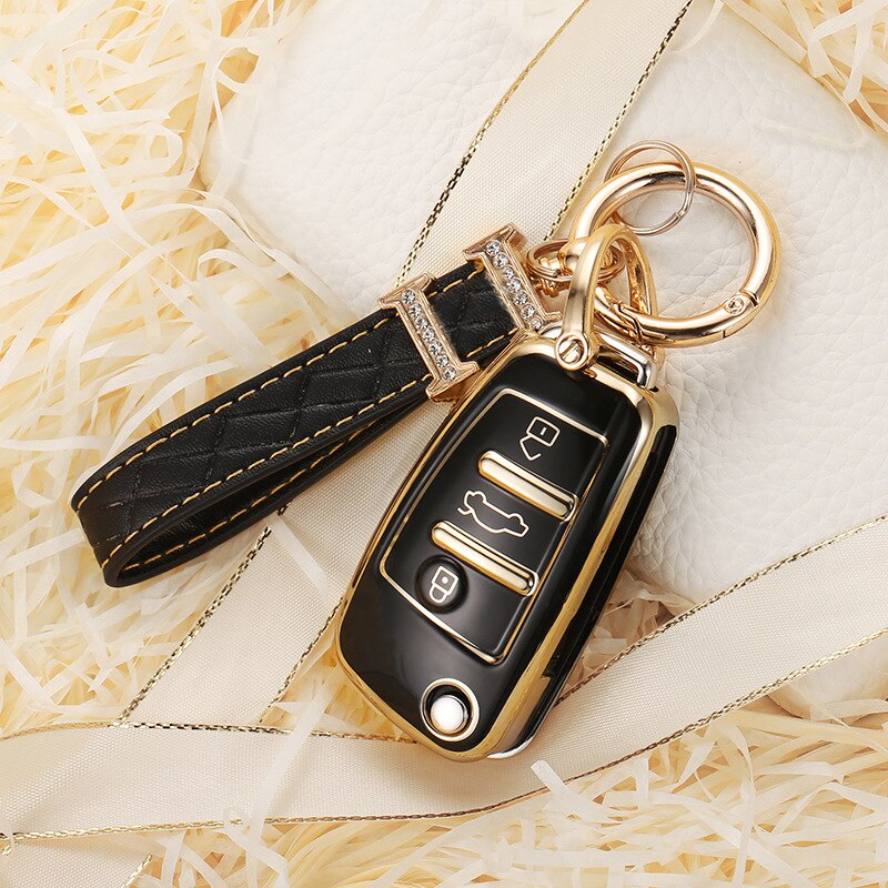 Carsine Audi Car Key Case Golden Edge Black / Key case + strap