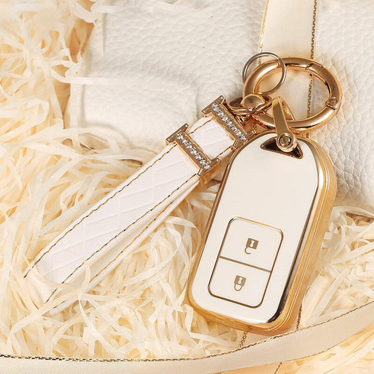 Carsine Honda Acura Car Key Case Golden Edge 2 Buttons / White / Key case + strap