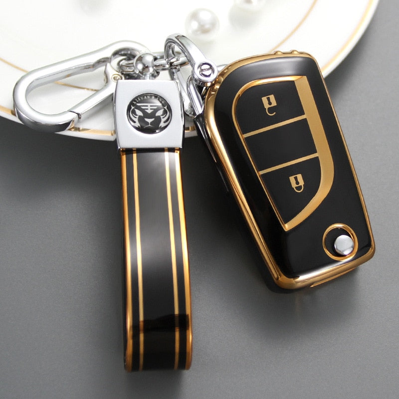 Carsine Toyota Car Key Case Golden Edge 2 Buttons / Black / Key case + strap