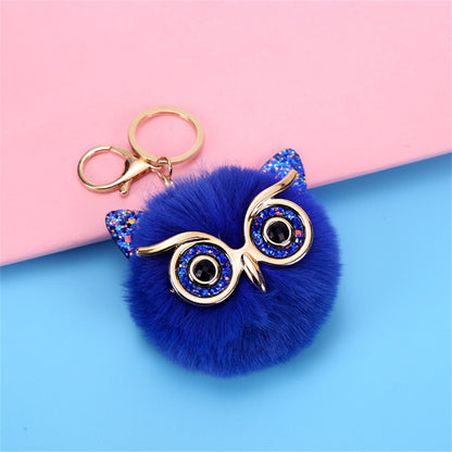 Carsine Kawaii Owl Cat Faux Fur Pom Pom Keychain Blue