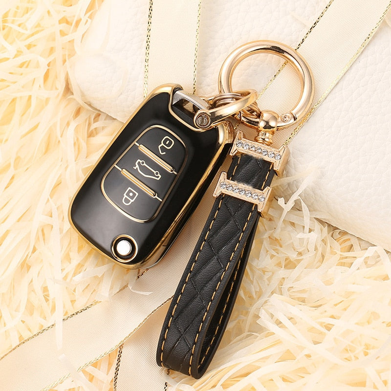 Carsine Kia Car Key Cover Silver Edge Gold / Black / Key case + strap