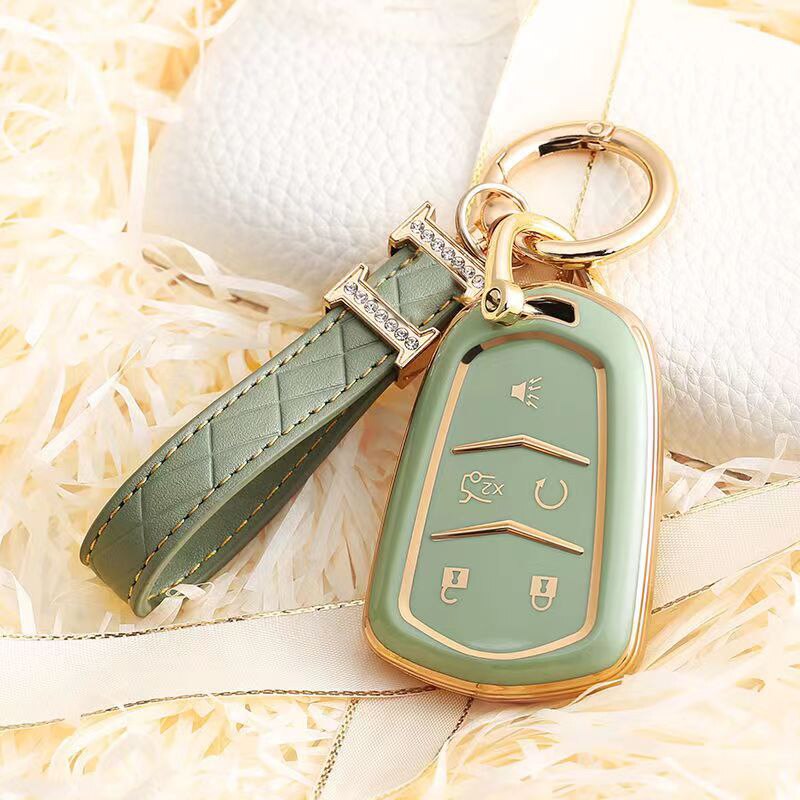 Carsine Cadillac Car Key Case Golden Edge 5 Buttons / Green / Key case + strap