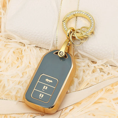 Carsine Honda Acura Car Key Case Golden Edge 3 Buttons / Grey / Key case + O chain