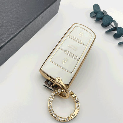 Carsine Volkswagen Car Key Case Golden Edge White / Key case + O chain