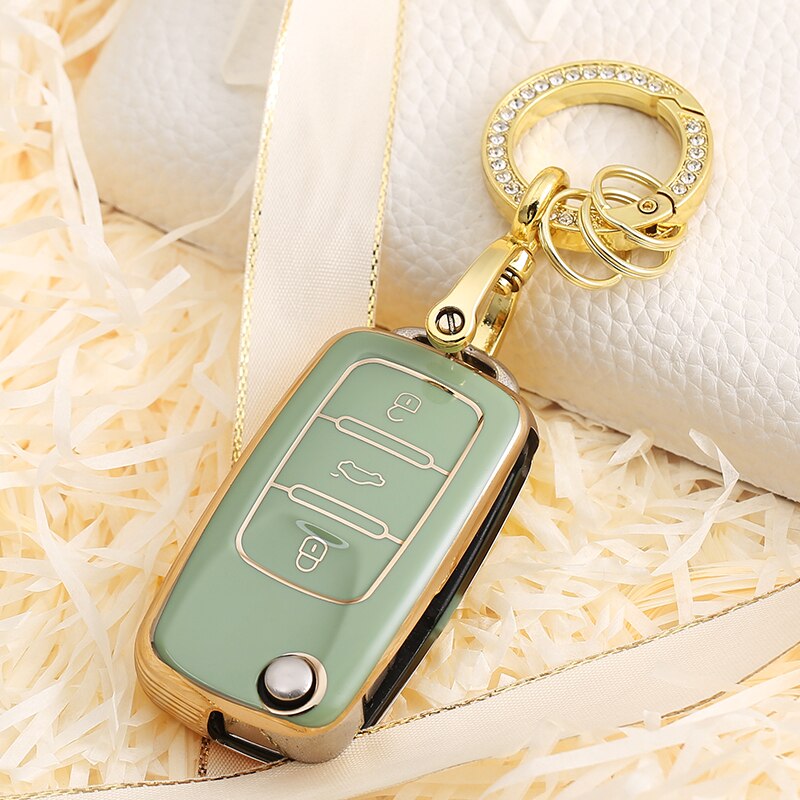 Carsine Volkswagen Car Key Case Rhinestones Keychain Green / Key case + O chain