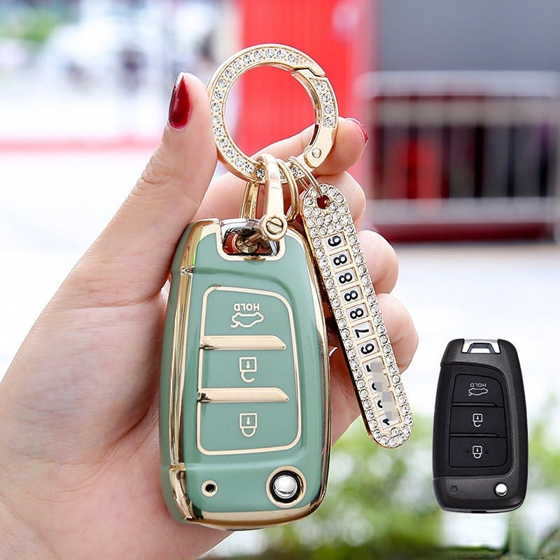 Carsine Hyundai Car Key Case Golden Edge Green / Key case + O chain