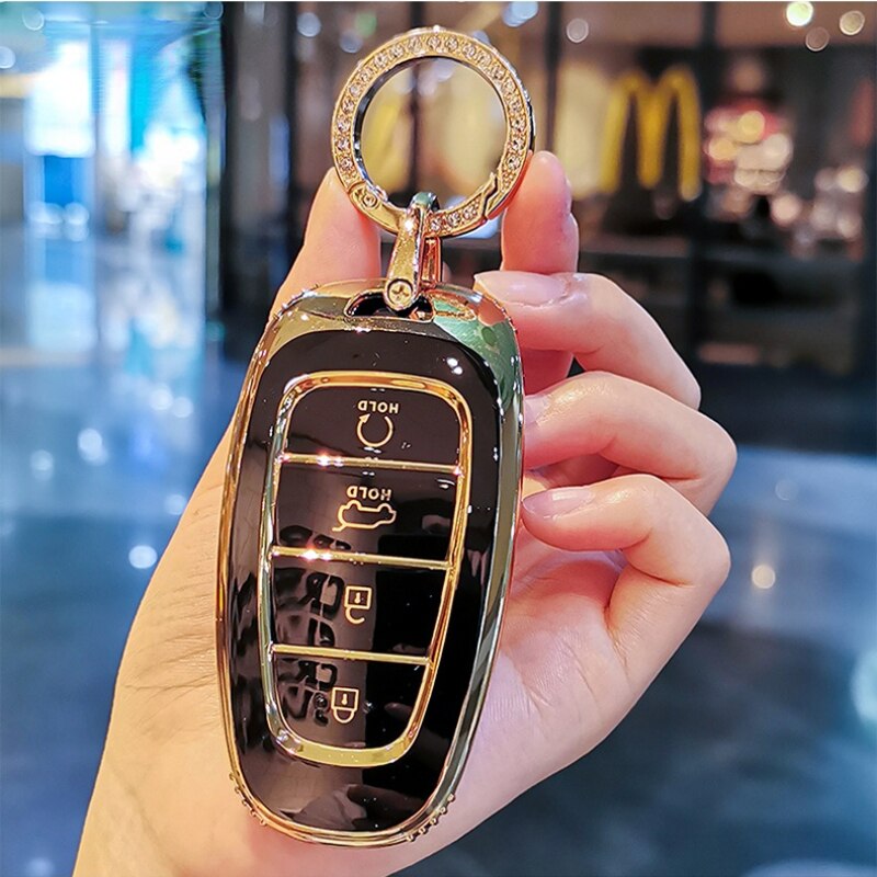 Carsine Hyundai Car Key Case Golden Edge Black / Key case + O chain