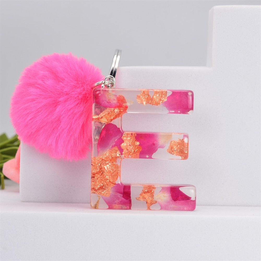 Carsine Pink Pompom 26 Alphabets Keychain