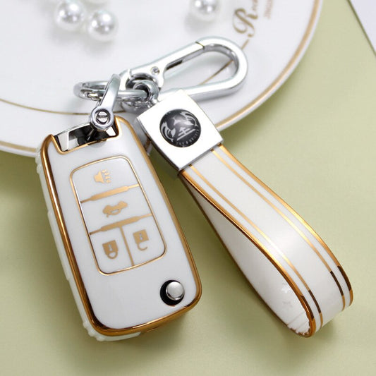 Carsine Chevrolet Buick Car Key Case Golden Edge White / Key case + strap