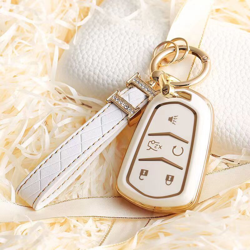 Carsine Cadillac Car Key Case Golden Edge 5 Buttons / White / Key case + strap