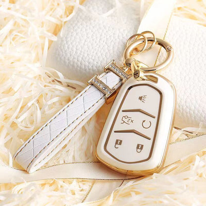 Carsine Cadillac Car Key Case Golden Edge 5 Buttons / White / Key case + strap