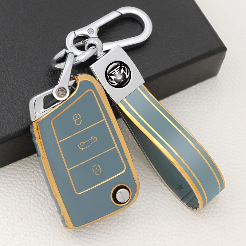 Carsine Volkswagen Car Key Case Golden Edge Grey / Key case + strap