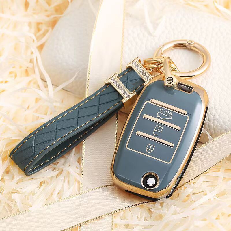 Carsine Kia Car Key Case Golden Edge Grey / Key case + strap