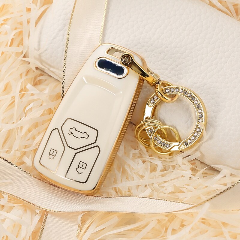 Carsine Audi Car Key Case Golden Edge White / Key case + O chain