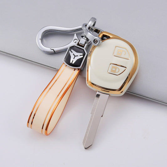 Carsine Suzuki Car Key Case Golden Edge White / Key case + strap