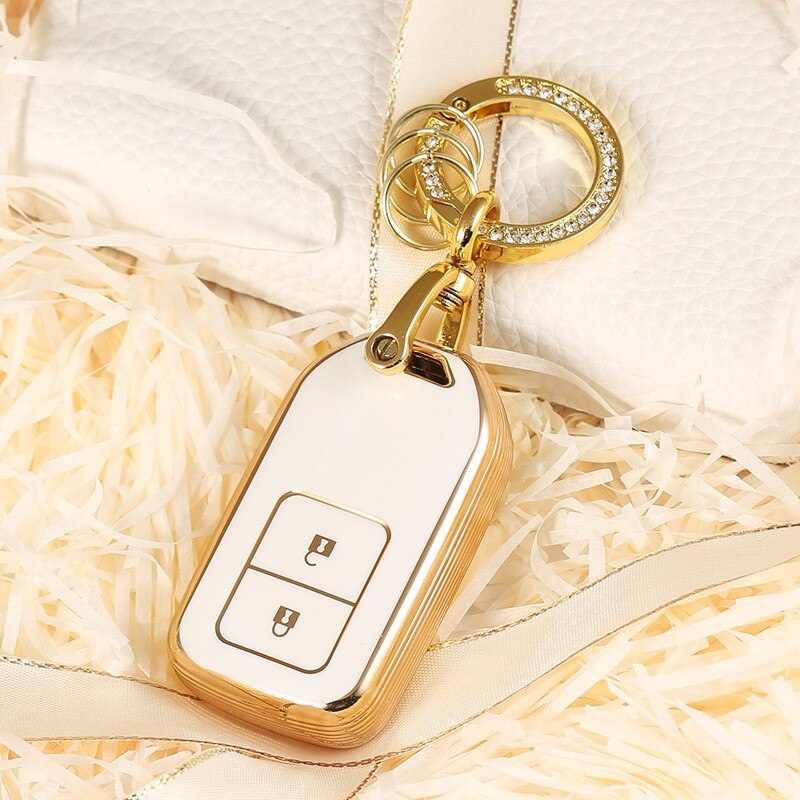 Carsine Honda Acura Car Key Case Golden Edge 2 Buttons / White / Key case + O chain