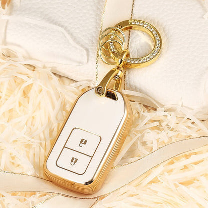 Carsine Honda Acura Car Key Case Golden Edge 2 Buttons / White / Key case + O chain