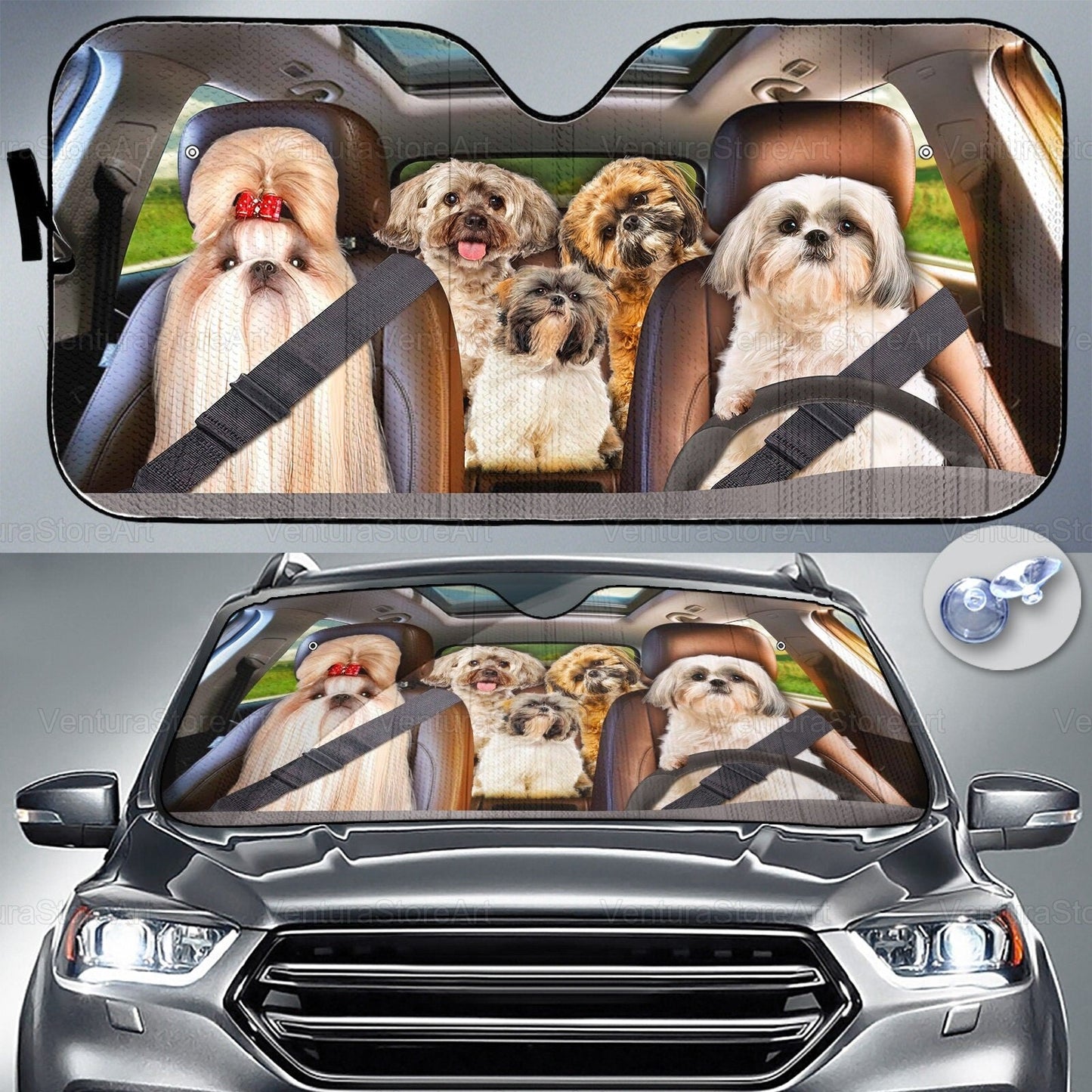 Carsine Pitbull Dog Family Car Sunshade Cyan