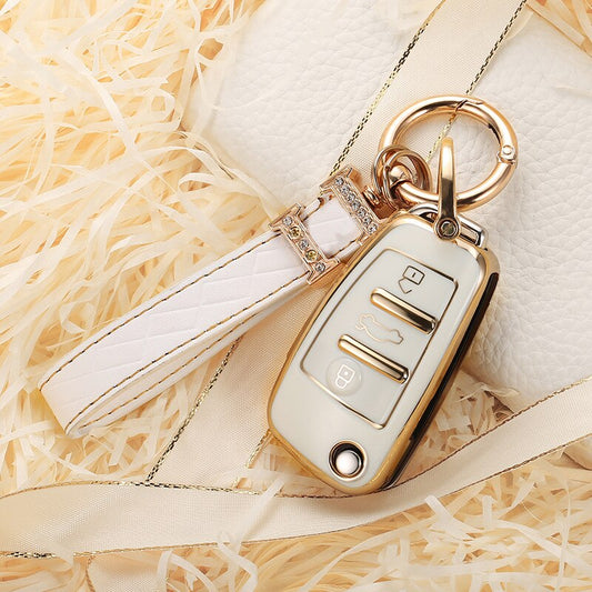 Carsine Audi Car Key Case Golden Edge White / Key case + strap