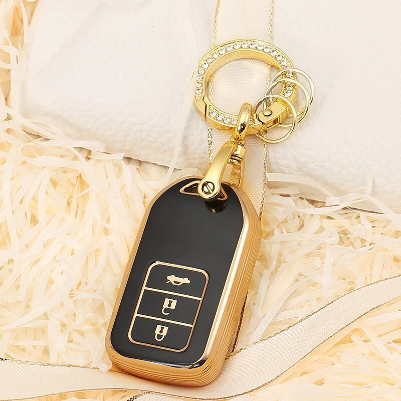 Carsine Honda Acura Car Key Case Golden Edge 3 Buttons / Black / Key case + O chain