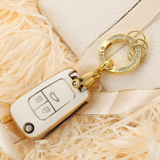 Carsine Chevrolet Buick Car Key Case Golden Edge White / Key case + O chain