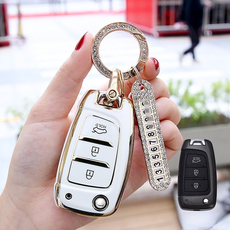 Carsine Hyundai Car Key Case Golden Edge White / Key case + O chain